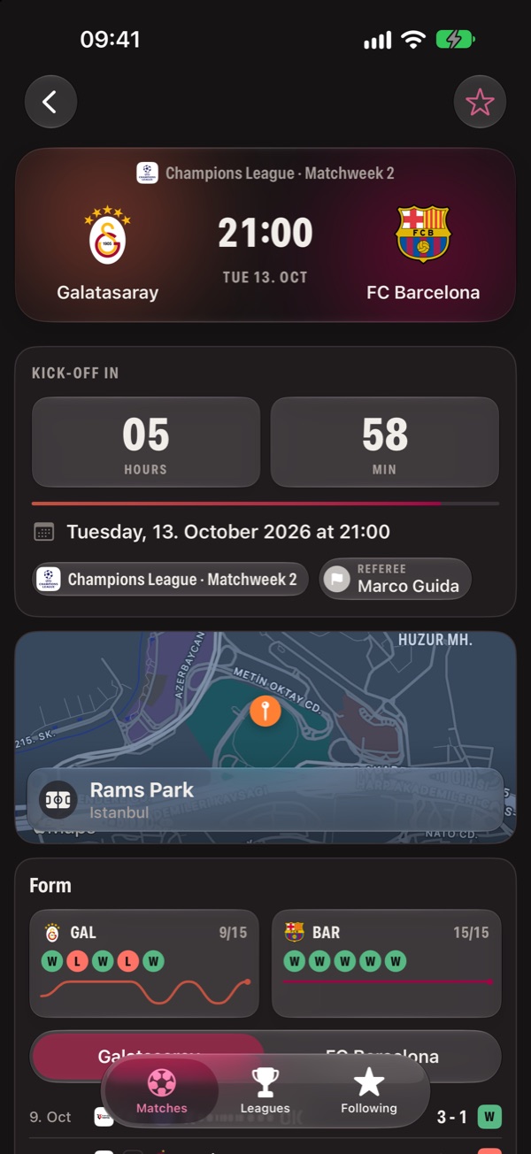 Pre-match page for Galatasaray v Barcelona with countdown, venue and form